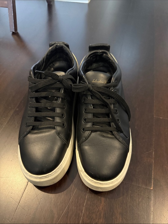 Salvatore Ferragamo Shoes - Salvatore Ferragamo Black Leather Low-Top Sneakers with White Sole